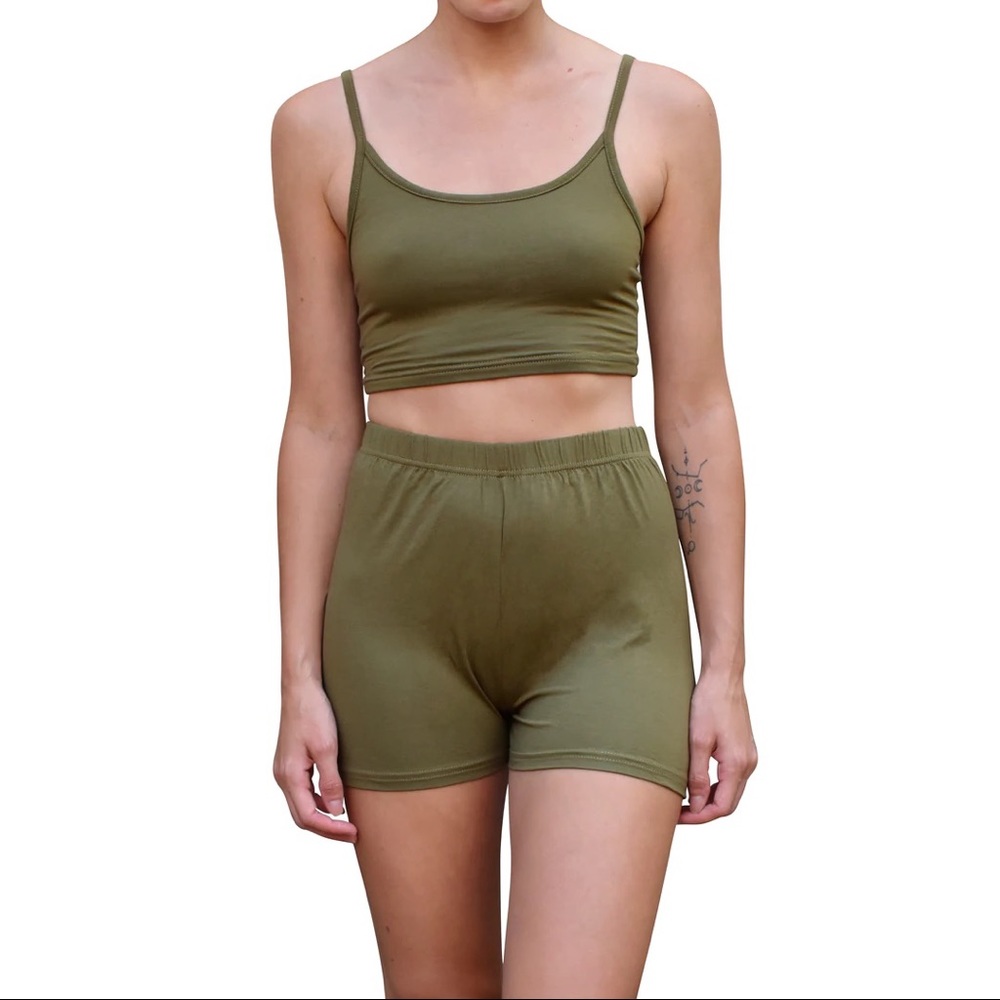Two Piece Co-Ord Yoga Athleisure Matching Loungewear Set in Solid Olive Green
